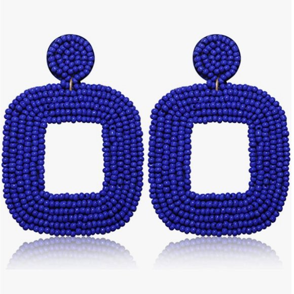 Oversized Royal Blue Handmade Beaded Dangle Earrings Post New Handcrafted Bogo - Picture 2 of 5